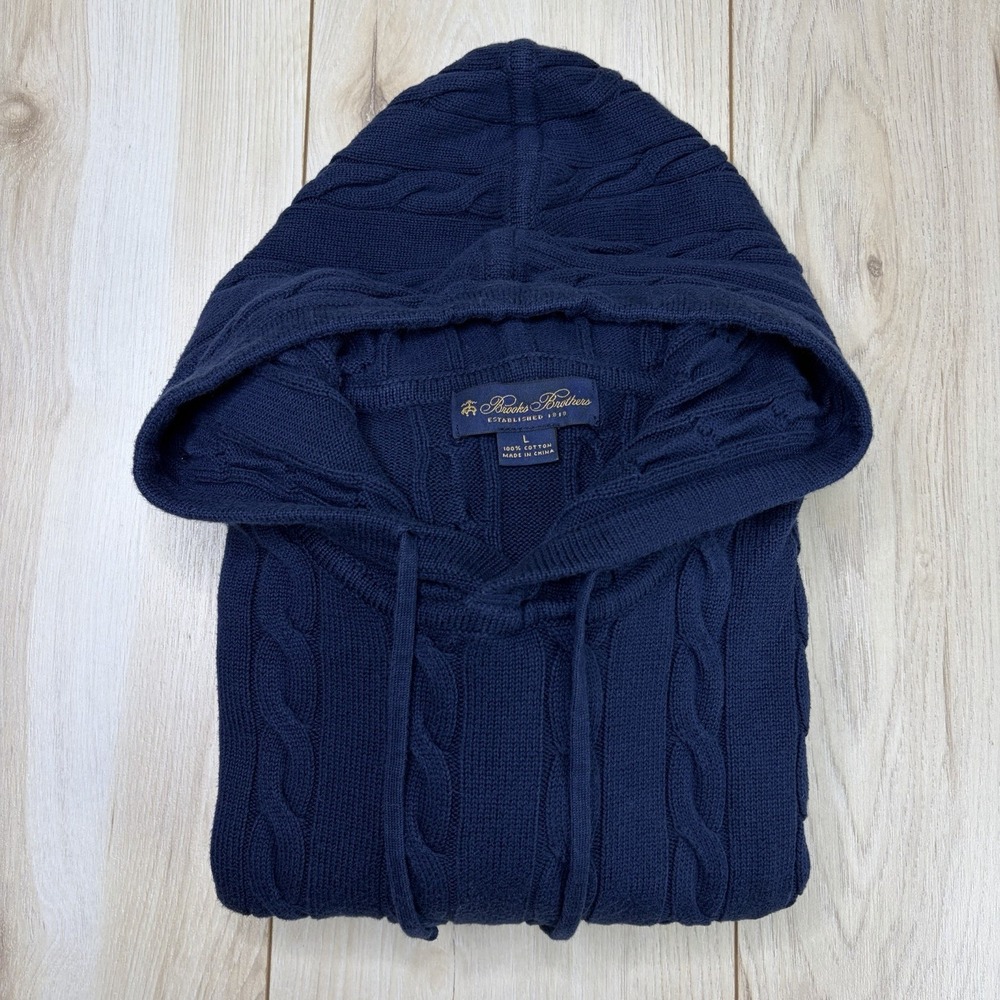Brooks Brothers Hoodie Mens Large Navy Blue Cable Knit Cotton Sweater Pullover